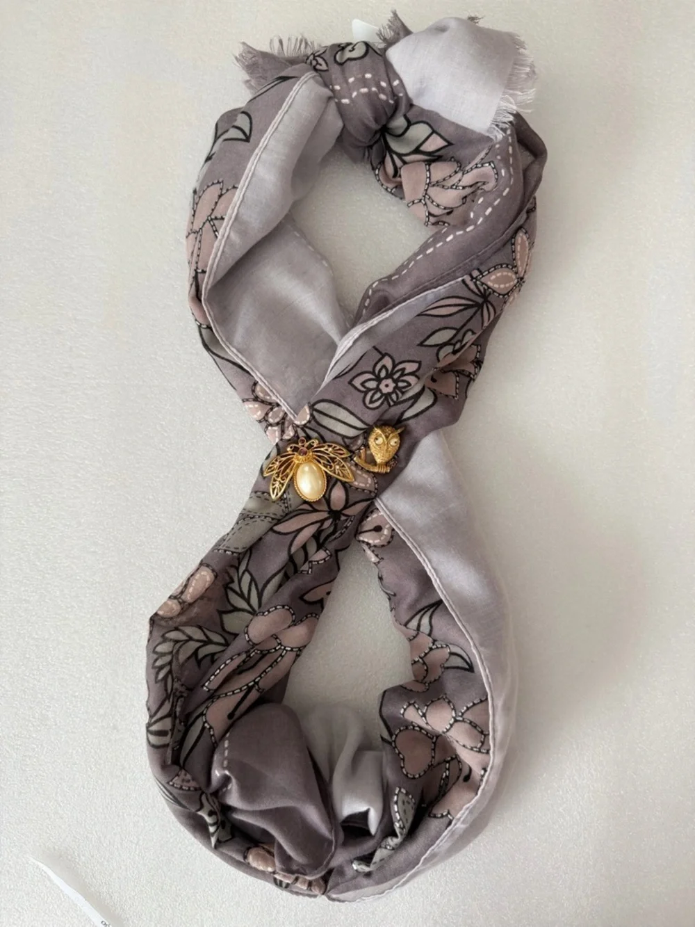 Soft Floral Scarf Wrap Grey Blush Lightweight Gauze Shawl Boho Feminine Romantic